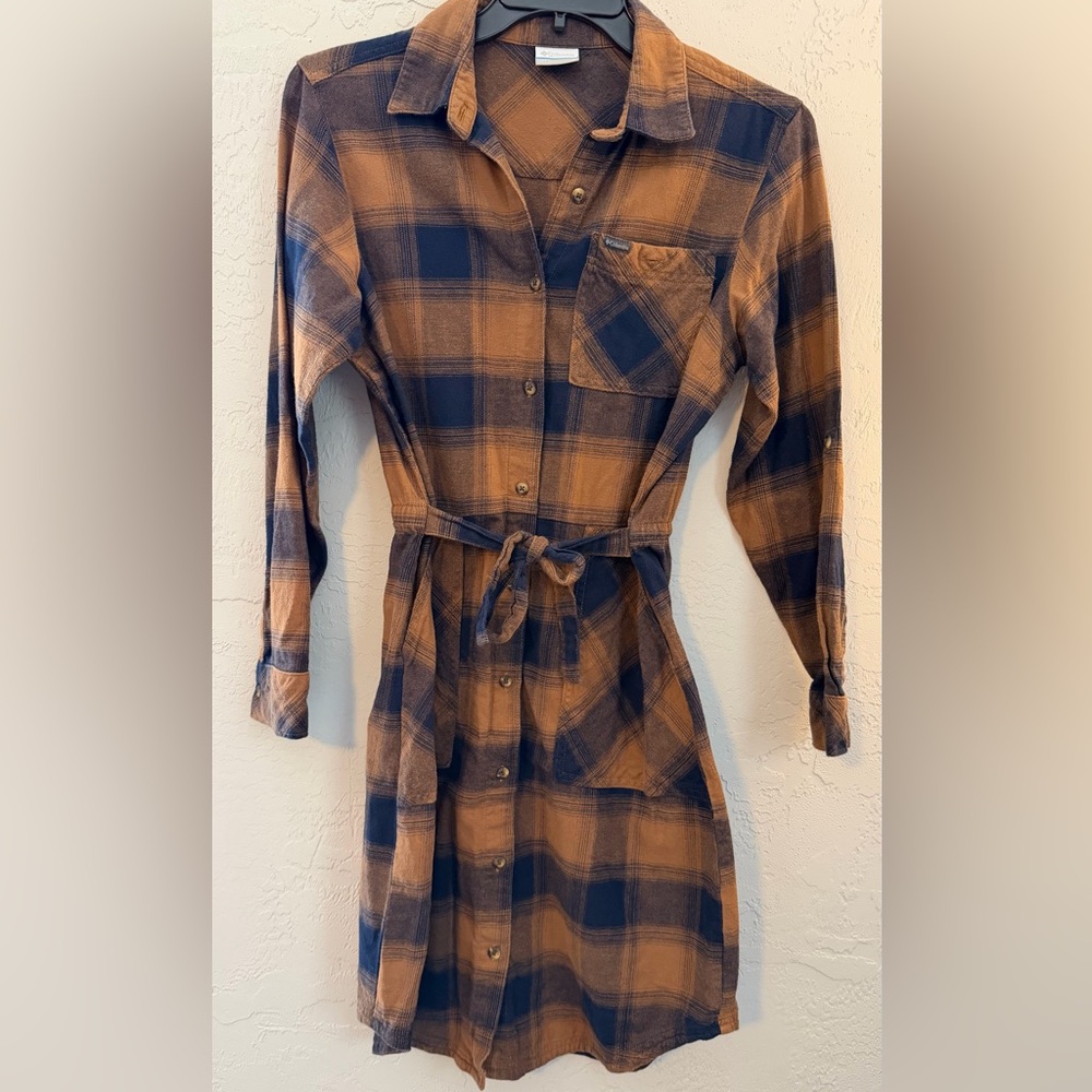 Columbia Ferntree Gully Flannel Dress, Orange/Blue Plaid Pattern w/belt, Sz M